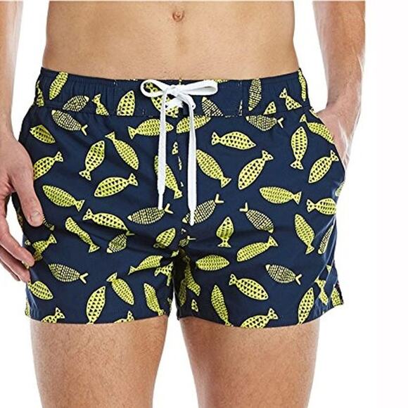 2XIST Ibiza Mens S Swim Trunks Shorts Deco Sea Print Navy Yellow Fish Drawstring - Picture 1 of 15